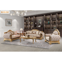Ensemble de canapés sectionnels 1+2+3 en bois massif sculpté à la main, style royal français, avec chaise en cuir véritable or et blanc