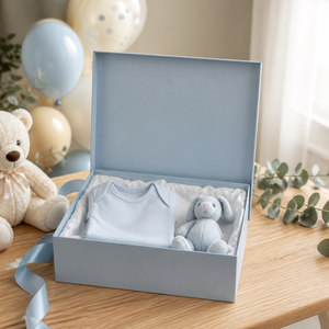 Boîte cadeau pliable magnétique de luxe A4 bleu ciel en carton recyclable avec ruban et nœud, finition mate, directement de l'usine pour la vente au <span class=keywords><strong>d</strong></span>étail - Product Image 1