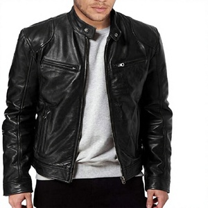 Veste en cuir noire pour homme, col montant, fermeture éclair, style motard, couleur unie, manches classiques, pour l'automne - Product Image 6