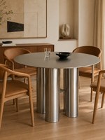 Table à manger en acier inoxydable de style italien, minimaliste, résistante aux rayures, avec pieds à trois colonnes personnalisables