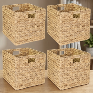 <b>Square</b> Woven Water Hyacinth Storage <b>Baskets</b> 40x40x25cm Handmade Bohemian Style Set of 4 for Living Room Organization - Product Image 4