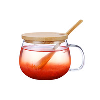 Tasse à thé en verre soufflé à la main de 350 ml (12 oz) au design moderne, sans BPA, écologique, avec couvercle en bambou et cuillère intégrée, réutilisable pour les fêtes