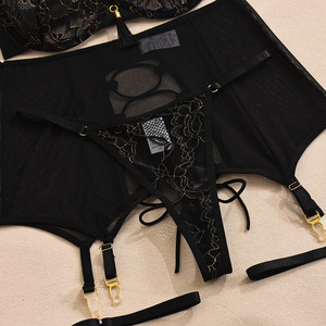 Nuevo Diseño de Lencería Transparente con Bordado de Encaje, Conjunto Sexy con Decoración de Borlas de Hilo Dorado, Falda, Sujetador y Braguita - Product Image 4