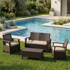 Ensemble de meubles de conversation d'extérieur en rotin tressé robuste de qualité commerciale, 4 pièces, avec coussins épais haute densité pour patio et jardin - Product Image 6