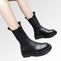 Sepatu Boots Wanita Kulit Sapi Asli Setengah Betis Model Slip-On, Bernapas, Meningkatkan Tinggi Badan, untuk Musim Semi, Gugur, dan Dingin