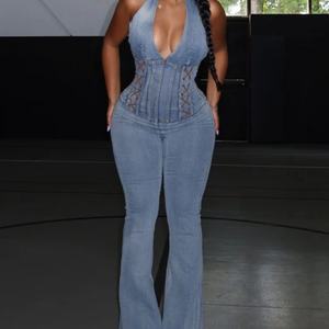 Nouveautés Combinaison en jean vintage sexy sans manches à jambes larges pour femme - Product Image 1