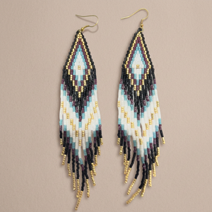 Pendientes de flecos con cuentas Miyuki Delica hechos a mano en dorado metálico, blanco marfil, azul turquesa y negro con diseño geométrico tribal. - Product Image 4