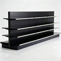 Étagères de supermarché noires, rayonnages gondoles à un seul côté et présentoirs d'îlot double face pour magasins de détail