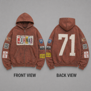 Felpa con cappuccio da <span class=keywords><strong>uomo</strong></span> OEM Americana Road Trip con zip, stampa DTG, applicazione badge, rivetti in metallo, strass, effetto sbiadito rosso mattone, lavaggio distressed - Product Image 3