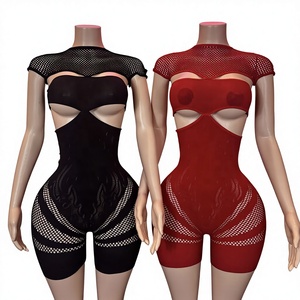 Combinaison sexy ajourée transparente pour femme, à manches courtes, très extensible, moulante, tenue de soirée tendance, une pièce - Product Image 1