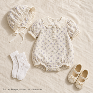 Ensemble Barboteuse Vintage à Motifs Floraux pour <span class=keywords><strong>Poupée</strong></span> <span class=keywords><strong>Reborn</strong></span> 43cm, Bonnet en Coton et Dentelle, Chaussettes, Chaussures Mary Jane à Semelle Souple, Tenues Personnalisées OEM/ODM - Product Image 2