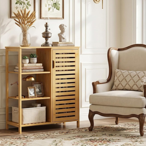 Bathroom Floor Cabinet, Bamboo Storage Cabinet with <strong>Door</strong> and 3 Open Shelves, Freestanding Side Kitchen <strong>Cupboard</strong> Organizer - Product Image 4