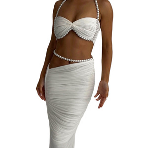 Nouvelle arrivée, jupe courte moulante à lacets, <span class=keywords><strong>haut</strong></span> moulant uni, ensemble sexy deux pièces, taille basse, jupe moulante, bijoux en perles, robe longue - Product Image 5