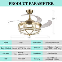 Ventilateur de plafond rétractable en cristal de 42 pouces, style rétro américain, avec lumière LED et moteur en cuivre, idéal pour salle à manger, salon et chambre à coucher – Vente directe usine