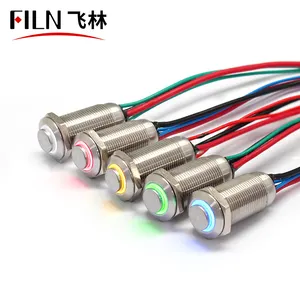 FILN 12mm IP68 waterproof ring led latching 24V 110v red yellow stainless steel push button with led light bell push button