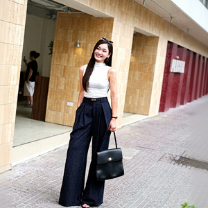 Q9047 Custom ODM Women High Waist Pleated Striped Pants Double <b>Belt</b> Detail Manufacturer - Product Image 1