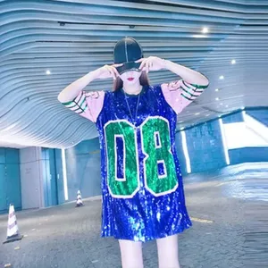 Pink and Green 08 Streetwear Number <strong>Sequin</strong> Loose <strong>Long</strong> T Shirts <strong>Sequin</strong> Baseball Shirt <strong>Sleeve</strong> Casual <strong>Tops</strong> Stage Costumes - Product Image 2