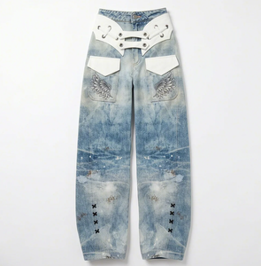 <span class=keywords><strong>Pantalon</strong></span> cargo ample et respirant pour femme Wangsheng, en denim délavé bleu clair, style Y2K, avec motif gaufré et coupe large, respectueux de l'environnement - Product Image 1
