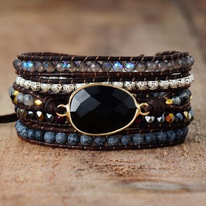 Bracelet vintage en corde de cuir de vachette perlé, agate noire, tissé à la main, 5 brins, bijou unisexe, cadeau - Product Image 2