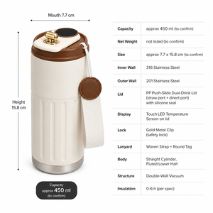 Tazza da Caffè in Acciaio Inossidabile 316 da 510ml con Cinghia, Coperchio Intelligente Isolato, Mantiene il Freddo, Grande Capacità, Design Elegante e Moderno, da Asporto per Donne - Product Image 2
