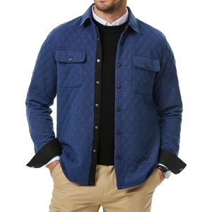 Mens Quilted Shirt Jacket Long Sleeve Snap Button <b>Down</b> With Pockets Turn <b>Down</b> Collar Casual Outerwear - Product Image 1