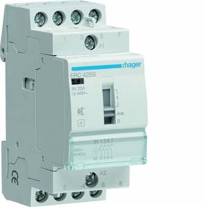 Contattore silenzioso Hager ERC425S personalizzabile con controllo manuale, 4 NO, 230 V CA, 25 A, 2 moduli DIN - Product Image 1