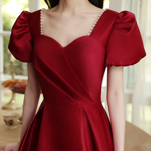 Burgundy Satin Evening Dress Square Neck A-Line Vintage Mid Length For Engagement Party Host - Product Image 1