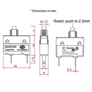 Kuoyuh 91 loạt thu nhỏ ngắt mạch chuyển 1A/1.5A/2A bảo vệ quá tải với 250V Điện áp định mức - Product Image 4