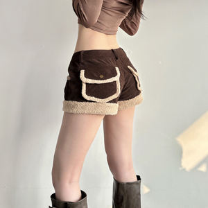 Shorts Cortos de Cintura Baja con Parches de Pana de Estilo Europeo Americano Vintage, Color en Contraste, Ajustados y Sexys para Mujer - Product Image 4