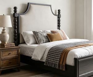 Premium Queen Size Black Wood Spindle <b>Bed</b> With Beige Upholstered Headboard For Bedroom - Product Image 5