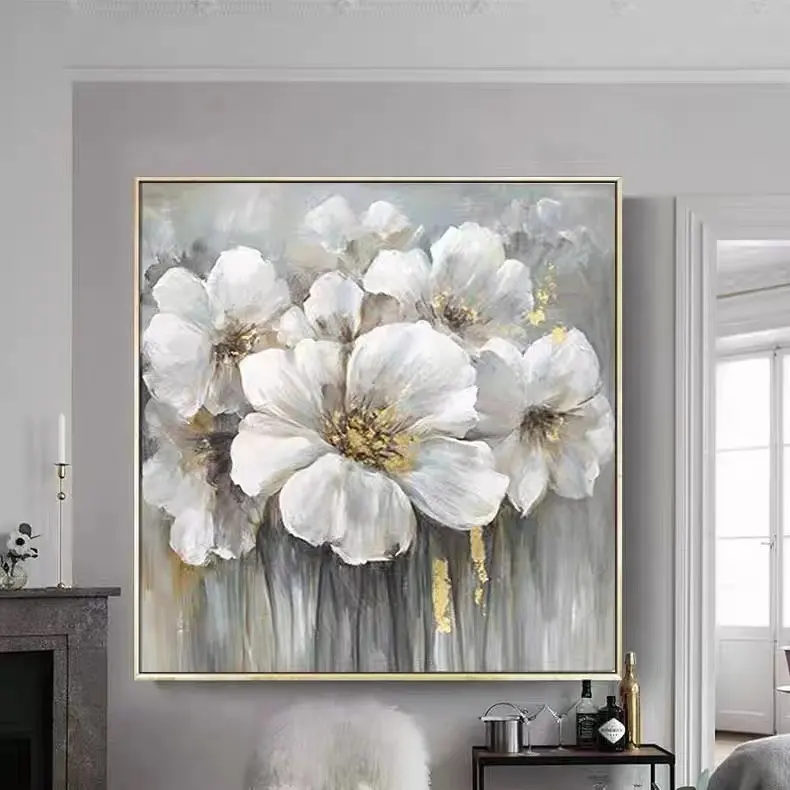 Popular Hot Sale OEM Gold Floral Modern Canvas Painting White Flower Art Picture Hand painted Abstract Oil Painting