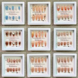 Faux ongles réutilisables à presser, boîte surprise de luxe, forme cercueil moyenne, style stiletto, faits main, avec cristaux et motifs de dessins animés, couvrance totale, pour femmes - Product Image 3