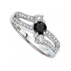 Bague solitaire en diamant noir véritable avec pierres d'appoint blanches |   Bijou élégant en or blanc 10 carats à tige fendue, cadeau pour femme - Product Image 2