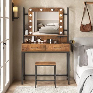 Juego <span class=keywords><strong>de</strong></span> tocador LED comercial moderno con 2 cajones <span class=keywords><strong>de</strong></span> madera, toma <span class=keywords><strong>de</strong></span> corriente <span class=keywords><strong>de</strong></span> espejo iluminado para dormitorio o salón <span class=keywords><strong>de</strong></span> belleza - Product Image 6