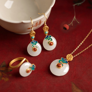 <span class=keywords><strong>Pendentif</strong></span> bouton de paix de style chinois rétro et collier en jade de Tian, ensemble simple en jade blanc pour femme - Product Image 1