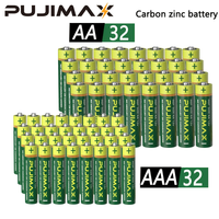 Pilas Secas de Carbono Zinc AA AAA PUJIMAX, Paquete de 64 Unidades (32AA+32AAA), 1.5V R6P R03P, Pilas Desechables para Reloj, Calculadora, Control Remoto de TV