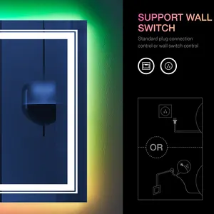 Espejo de decoración de pared para baño, desnebulizador con luz y espejo de maquillaje, LED retroiluminado, cambio de Color RGB inteligente