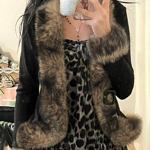 Y2K Retro Fur-Collar Cardigan <b>Jacket</b> with Leather Buttons, Cinched Waist Design, Street-Style Casual Outerwear for Versatile - Product Image 3