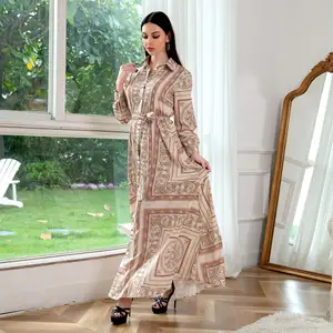 Kadınlar için baskılı uzun kollu açık Abaya müslüman Shalwar Kameez toptan açık kadınlar  uzun müslüman elbisesi Dubai