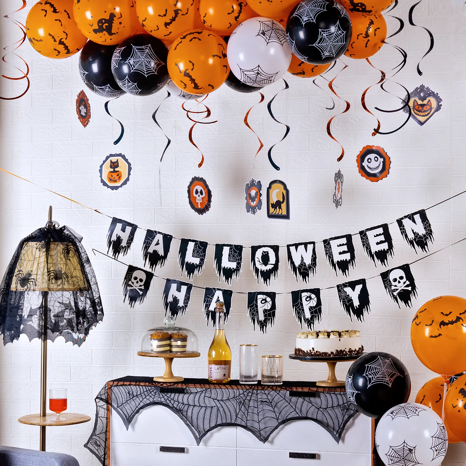 Halloween Gothic Flag String Banner Fireplace Towel Lampshade Ghost Boo Bats Photo Prop Spiral Latex Balloons Decorations Set