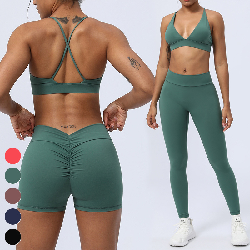 Nude Sexy Set Sport Bra Mid Waist Shorts Leggings 2 Piece Suit Custom Logo Workout Clothing Yoga Set Gym Fitness Sets for Women