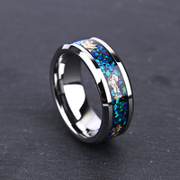 8 mm Breiter Flacher Abgeschrägter Wolframstahlring mit Eingelegtem Opalblauem Opperga-Goldfolie Unisex Ehering Leichter Luxus