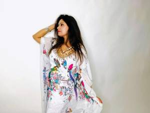 Vente chaude Caftan en soie imprimé numérique col en V coupe ample haut de style quotidien avec embellissement travail et manches lavables - Product Image 2