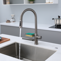 Robinet de cuisine commercial moderne classique en acier inoxydable 304 avec douchette extractible, monocommande, monotrou, eau chaude et froide