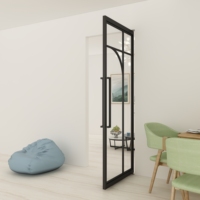 Porte coulissante intérieure au design moderne, finition noire thermolaquée, panneau en verre trempé, cadre en acier, décoration d'appartement