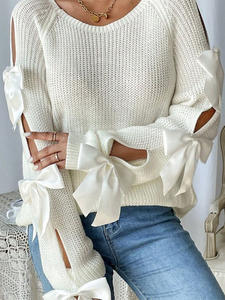 Pull-over décontracté pour femme, nouvelle collection automne, col rond, orné d'un nœud, manches longues, tricot ample en polyester/coton, pour <span class=keywords><strong>la</strong></span> <span class=keywords><strong>mode</strong></span> - Product Image 3