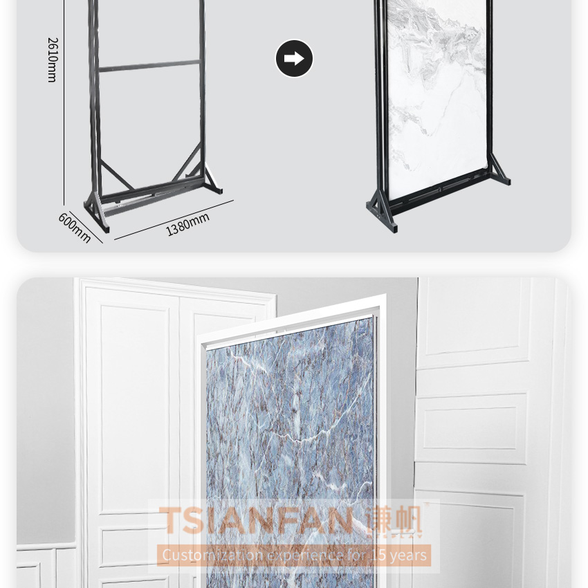 Tsianfan Metal Large Porcelain Floor Tile Stand Showroom Sample Granite Sintered Stone Slab Panel Rotating Marble Display Racks