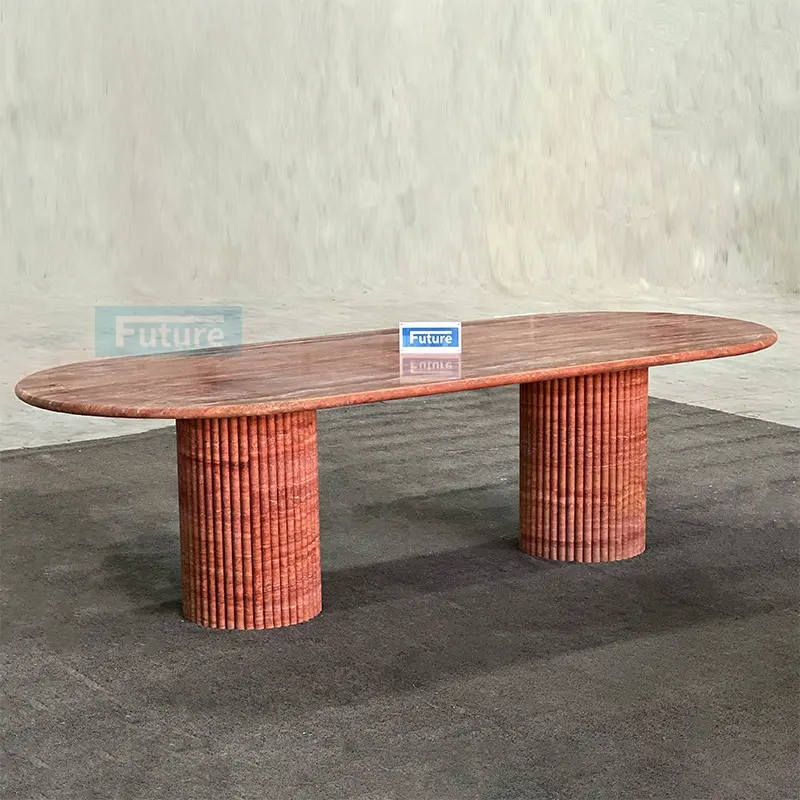 Mesa de comedor de travertino rojo Natural personalizada de lujo, muebles de piedra, mesa de comedor, mesa de comedor de travertino de mármol ovalado estriado