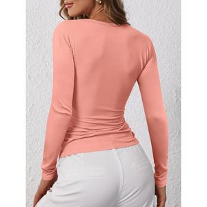 Camiseta Henley de manga larga para mujer, de punto acanalado, ajustada, informal, para otoño - Product Image 6