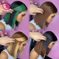 Pelucas de Cabello Humano Liso con Doble Trama sin Pegamento, Estilo Bob, con Frente de Encaje, Color Marrón Degradado, Cabello Virgen Vietnamita, Pelucas con Frente de Encaje Completo HD